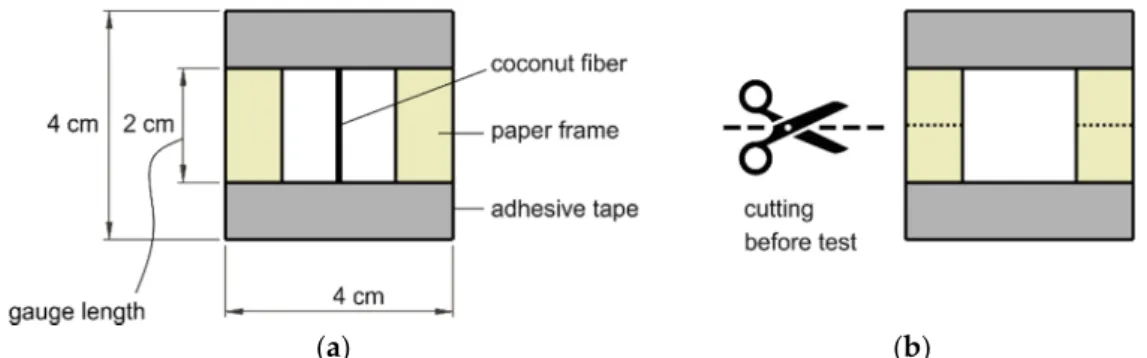 Figure 5. Single fiber specimen before direct tensile test: (a) transparency paper frame for fixing fiber; 