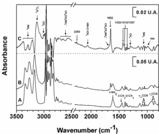 Fig. 1. Infrared spectra of pure ethylamine ice (A), pure ethylamine after 240 min of VUV irradiation at 20 K (B) and difference spectrum (C) of (A) and (B)