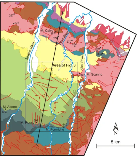 Figure 1b. Detail geology of the study area shown in Figure 1a (after RER [2001]; filled boxes with numbers are elevation of summits).