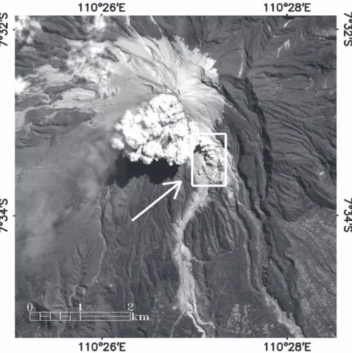 Figure 2 shows billowing clouds (mainly  water vapor, gas, and ash) hugging the  ground near the front and rising to a greater  height farther back