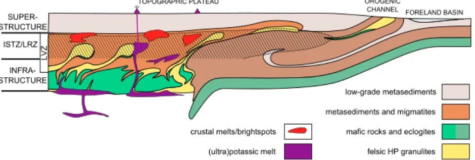 Figure 10. Deep crustal structure of a conceptual large hot orogen derived from the numerical model and the Bohemian Massif geology