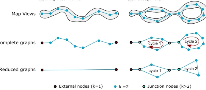 Figure 5 From field data to graphs: (A) Long linear caves; (B) Special cases where nodes of degree 2 are kept in the reduced graph to preserve the topology.