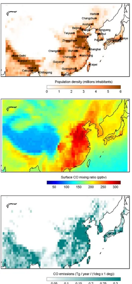 Figure 1. (top) Population density (source CIESIN, in million inhabitants) over China and surroundings