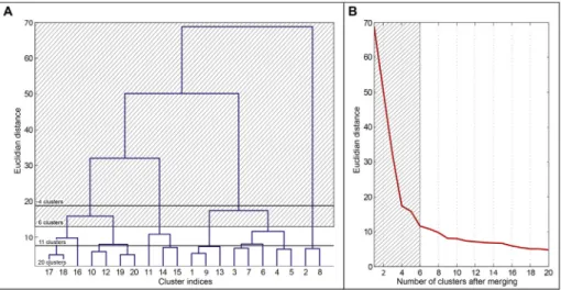 Fig. 1. AHC statistical graphics: (A) the dendrogram displays the hierarchical tree between 20 and 2 clusters