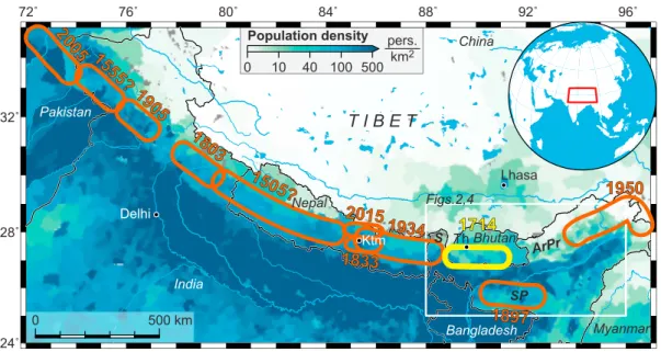 Figure 1. Great earthquakes in and near the Himalayas since 1500 A.D. The orange rupture areas of magnitude ~7.5 and larger events are schematic and represent the published along-arc extent estimates [Avouac et al., 2001; Bilham and England, 2001;Bilham, 2