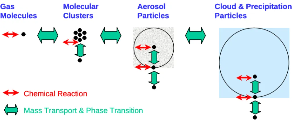 Fig. 4. Schematic illustration of the formation and transformation of atmospheric aerosol parti- parti-cles and components: mass transport and phase transitions in and between gas phase,  clus-ters, aerosol, cloud and precipitation particles; chemical reac