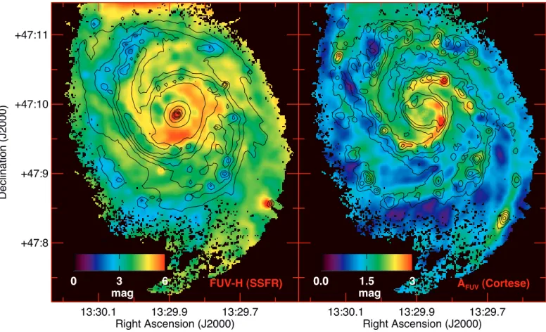 Fig. 2. The FUV− H color map (left), which is considered a proxy of the specific star formation rate, and the FUV dust attenuation (right) in M 51.