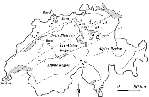 Fig. 1. Map of Switzerland with the location of the 18 sites where high intensity sprinkling experiments were performed