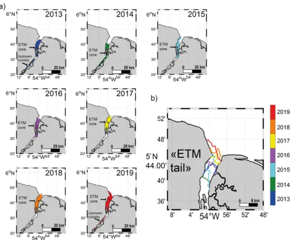 Figure 3. Spatiotemporal distribution of the ETM from 2013 to 2019 (a) Demarcation of the ETM 