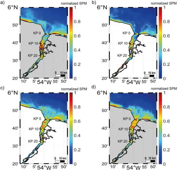 Figure 4. Averaged normalized SPM for neap tides during (a) the dry (a total of 20 scenes) and (b) the  rainy season (a total of 11 scenes) and spring tides during (c) the dry (a total of 12 scenes) and (d) the  rainy season (a total of 18 scenes) for the 