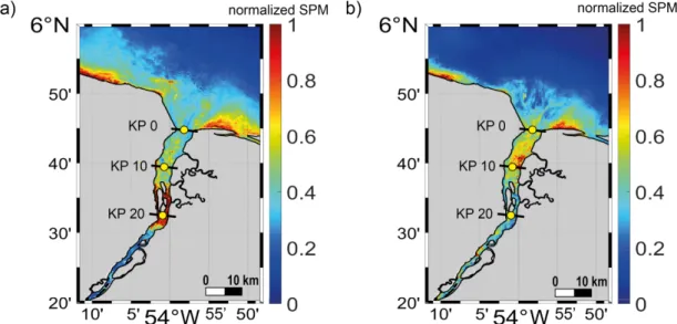 Figure 5. Averaged normalized SPM for (a) low and (b) high discharges calculated for the scenes  when river discharge is below 500 m 3 /s (14 images) and above 2000 m 3 /s (13 images), respectively