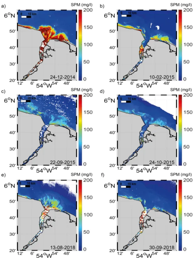 Figure 6. SPM values (mg/L) for available images confronted with values for different tidal, river  discharge and wind conditions
