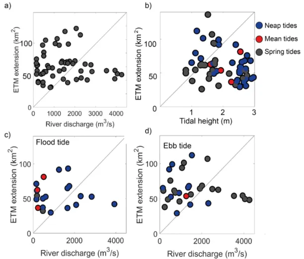 Figure 7. Comparison of the ETM extension (in km 2 ) with two dynamic drivers, river discharge and  tides