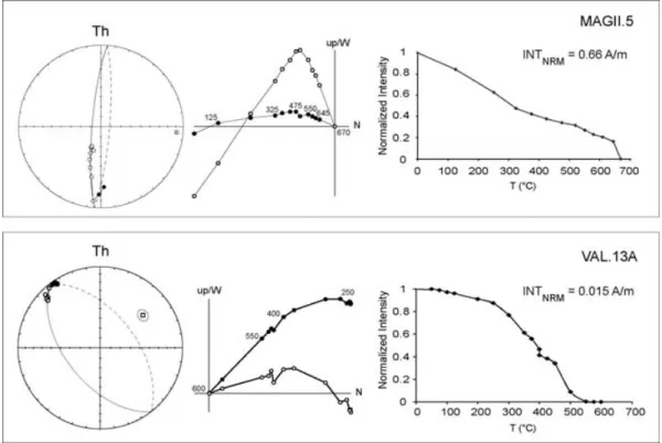 Figure 3. Representative plots for complex NRM demagnetization behaviour (see text for explanation)