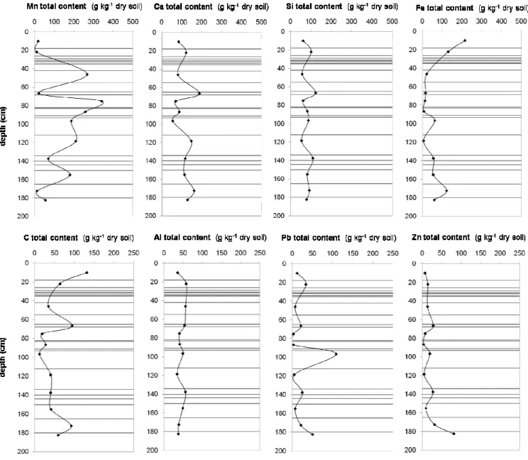 Fig. 2 Distribution of  major elements (Mn, Ca, Si, Fe, C, Al, Pb and  Zn) along the profile of the Technosol  developing on a stratified deposit of iron industry by-products (Lorraine, North-East France)