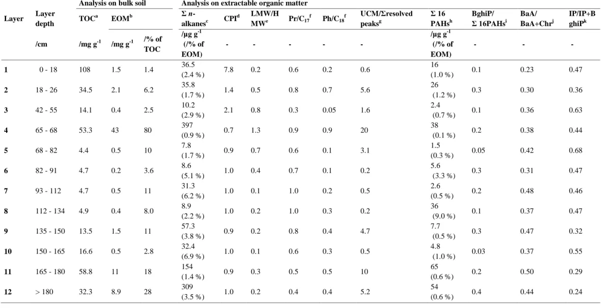 Table 1 Quantitative characterization of organic matter of 12 layers along the profile of the Technosol 