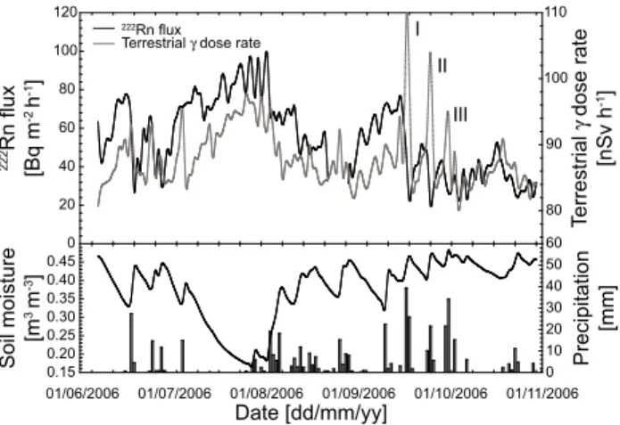 Fig. 3. 222 Rn flux, terrestrial gamma dose rate, precipitation and soil moisture time series from June to November 2006 in Basel (Switzerland)