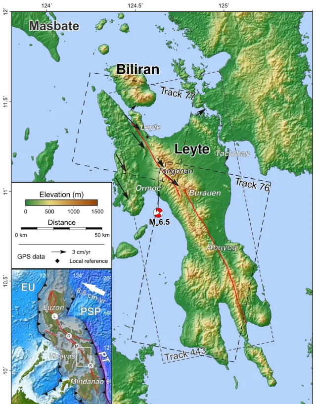 Figure 1. Active tectonics of the island of Leyte in the Philippines. Shaded relief map is based on SRTM 30-m resolution elevation data