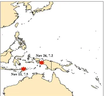 Fig. 8. Map showing the location, magnitude and time occur- occur-rence of the two strong earthquakes happened in Indonesia during November 2004.