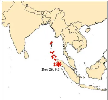 Fig. 10. Map showing the location, time occurrence and magnitude of the big Sumatra earthquake on December 2004