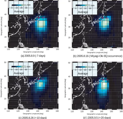 Fig. 5. Temporal evolution of spatial SNR distributions. (a) 7 days before the EQ, (b) 0 day (EQ day), (c) 10 days after the EQ and (d) 20 days after the EQ.