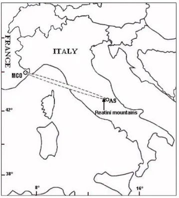 Fig. 1. Map showing the location of the receiver AS and of the MCO transmitter. The first Fresnel zone is indicated by a dotted line