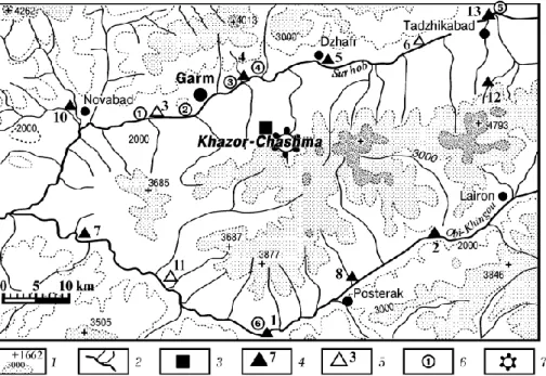 Fig. 1. A sketch of the central part of the Garm test site: 1-horizontals and marks of the heights (the relief section 1000 m); 2-rivers and inflows; 3-Khazor-Chashma observatory; 4-seismic stations of the test-site and their numbers; 5-the stations at whi