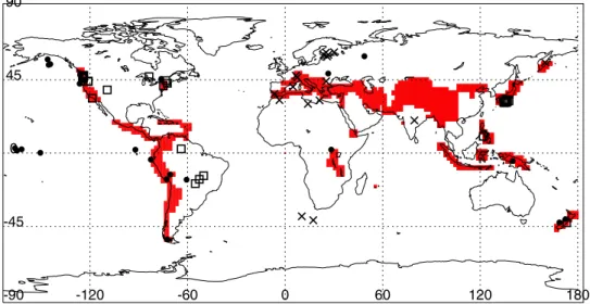 Figure 1. Map showing geographic locations of the observed events. PLHR events with 50/100 Hz spacing are plotted by crosses, PLHR events with 60/120 Hz spacing are plotted by squares, and MLR events are plotted by solid circles