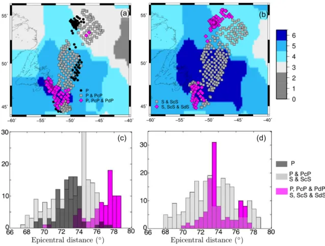 Figure 9. (a, b) Maps summarizing the different detected waves for P (a) and S (b) data