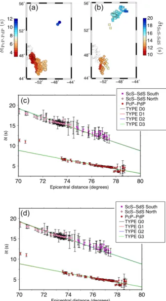 Figure 4. Differential traveltime measurements plotted on maps for δ t PcP − PdP (a) and δ t ScS − SdS (b) and as a function of the epicentral distance (c, d)