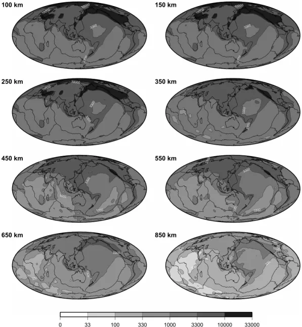 Figure 1. Ray density maps at diﬀerent depths. Black and white scale indicates the number of rays normalized over a 6 by 6 ∘ area.