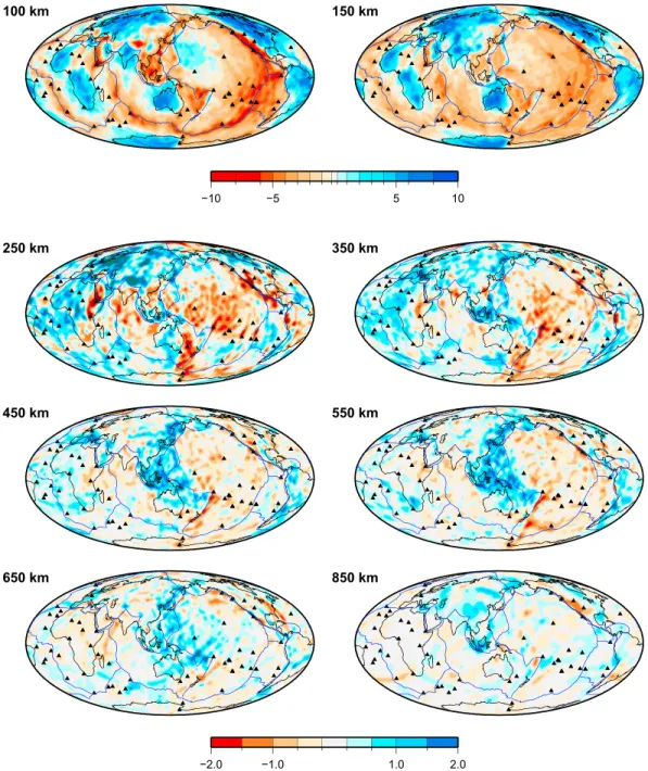 Figure 2. SV velocity distribution at diﬀerent depths in 3D2015_07Sv. Perturbations from the reference velocity in percent are displayed by color coding