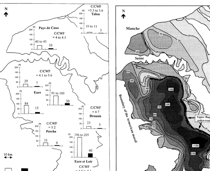 Fig. 4 Thickness of chalk removed by dissolution during the weathering, calculated from the 22 clay with flints sites (located in Fig