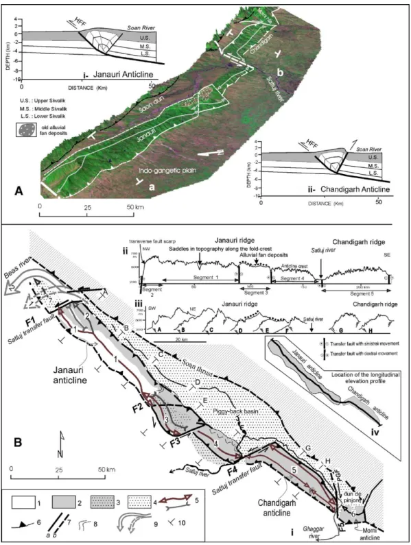 Fig. 2. Structures of the Janauri and Chandigarh anticlines. (A) DEM of the anticline ridges GIS (STRM, 90 m spatial resolution); (i and ii) structural interpretation of the Janauri and Chandigarh anticlines