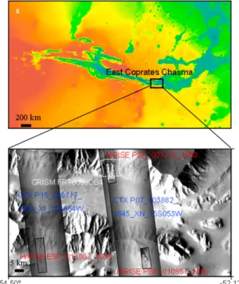 Figure 2. Dike outcrops on HiRISE PSP_010857_1650 (Figures 2a–2c) and HiRISE ESP_013903_1650 (Figures 2d and 2e), which were both acquired over Coprates Chasma central horst