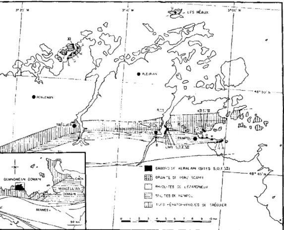 Figure  1.  Sampling localities  m the  Trkgor  area  of  the  Domnonean Domain,  Brittany,  with  schematic  geological  features  (after  Pruvost, Waterlot  &amp;  Dehttre  1966  and Auvray,  Lefort  &amp;  Monnier  1976a)