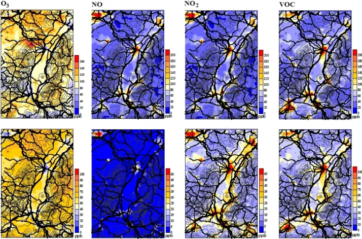 Fig. 5. Hourly maximum concentrations HMC (upper row) and daily average concentrations DAC (lower row) for ozone, nitrogen oxide, nitrogen dioxide, and volatile organic compounds calculated with the reference emission scenario (REF)