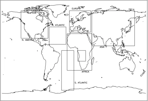 Fig. 8. Map of all regions used for analysis. The Central Africa region is the small box entirely inside the Africa region.