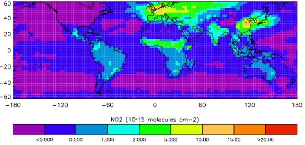 Fig. 13. Tomcat tropospheric NO 2 column for January 1997 without North American Anthropogenic emissions