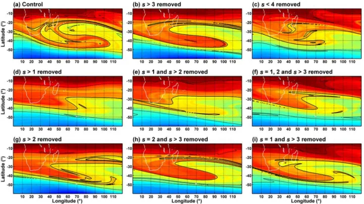 Figure 4. As in Figure 1 for several simulations of the COMMID model run with (a) unfiltered NCEP tropospheric dynamical forcing and (b – i) NCEP tropospheric dynamical forcing filtered by zonal wave number s