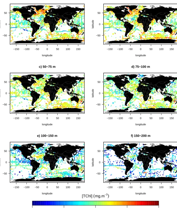 Figure 6. Median total chlorophyll a concentration (mg m −3 ) scaled to a 3 ◦ spatial resolution for six vertical layers: (a) 0–25 m, (b) 25–50 m, (c) 50–75 m, (d) 75–100 m, (e) 100–150 m and (f) 150–200 m.