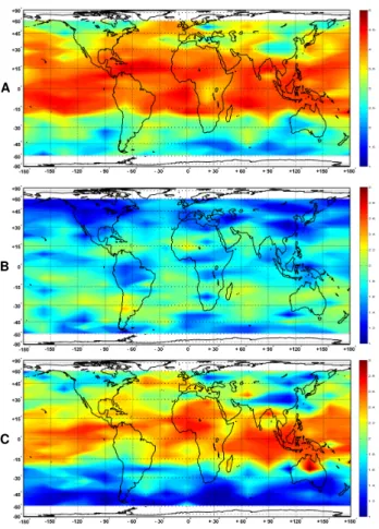 Fig. 5. Global distribution of the DOFS. From top to bottom, H 16 2 O (a), H 18 2 O (b) and HOD (c), averaged on a 10 ◦ ×5 ◦ longitude-latitude grid, for the 1–10 April 1997 period.