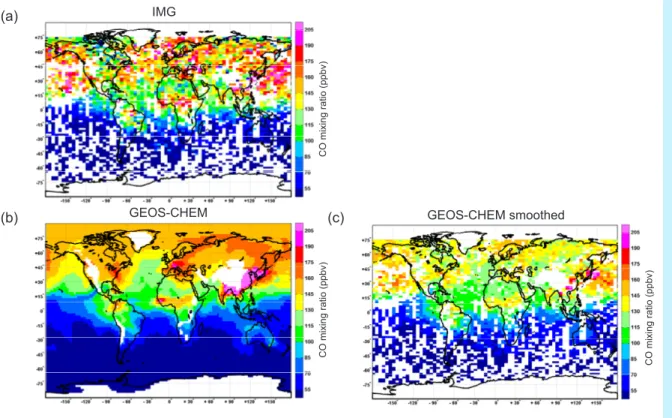 Fig. 9. CO volume mixing ratios (ppbv) in the lower troposphere (1.2 km) for 1–10 April 1997 (a) retrieved from the cloud filtered IMG spectra (averages on a 2 ◦ ×5 ◦ grid), (b) modeled by GEOS-CHEM (on the model 2 ◦ ×2.5 ◦ grid) and (c) modeled by GEOS-CH
