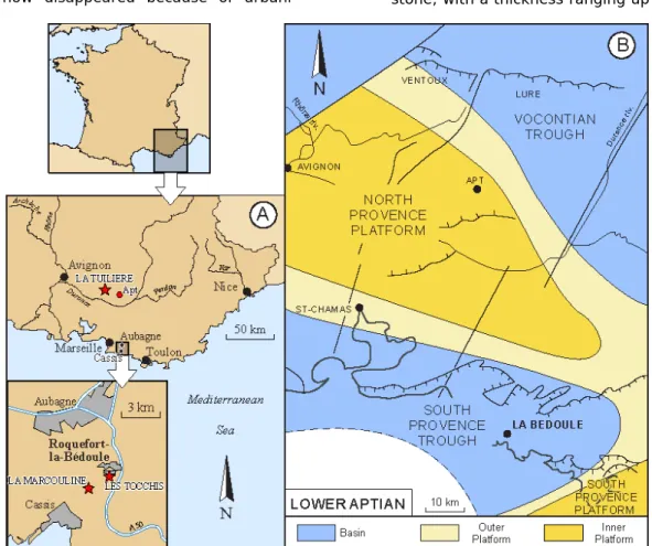 Figure 1:  1A: Location of the studied sections near Cassis-La Bédoule and Apt, area of the Gargasian historical  stratotype