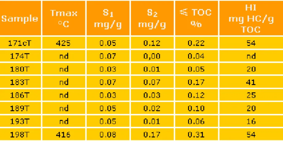 Table 1: Rock-Eval pyrolysis results of the Les Tocchis section. nd: not determined. Tmax is not determined for S2  peaks below 0.1 mg/g