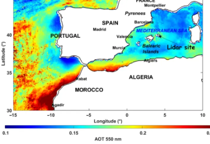 Figure 1. Location of the Cap d’en Font surface station on Minorca, on a map of the MSG/SEVIRI-derived aerosol optical thickness at 550 nm over ocean, averaged over the campaign period (10 June–
