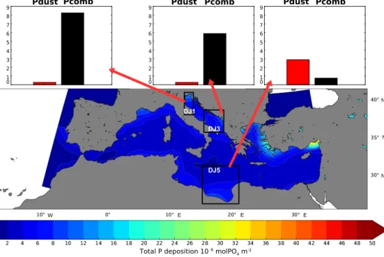 Figure 8. Map of total PO 4 deposition from both Pdust and Pcomb (10 − 6 mol PO 4 m − 2 ) for June 2005