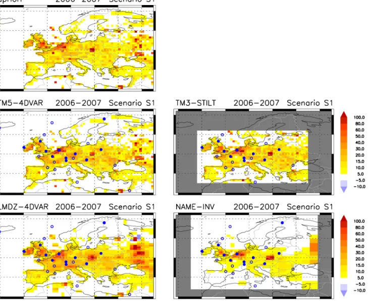 Figure 1. European CH 4 emissions (average 2006–2007, inversion S1–CH 4 ). Filled circles are measurement stations with quasi-continuous measurements; open circles are discrete air sampling sites.