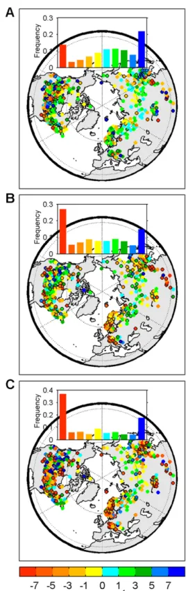 Figure 2. Trends in (A) the onset date of snow cover (d decade − 1 ), (B) the end date of snow cover (d decade − 1 ), and (C) snow cover duration (d decade − 1 ) from 1980 to 2006 over 636 meteorological stations in the Northern Hemisphere