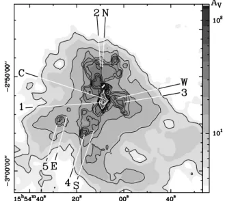 Fig. 2. Dust map from Paper II (in log grey scale). Coordinates are J2000 equatorial. Letters C, E, N, S, and W mark the molecular peaks while numbers 1 to 5 mark the corresponding dust peaks (see text).